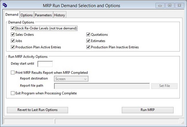 MRP Run Demand Selection and Options - Demand pane