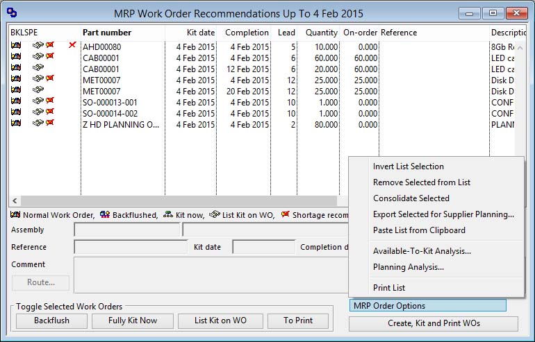MRP Work Order Recommendations