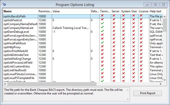 Program Options Listing
