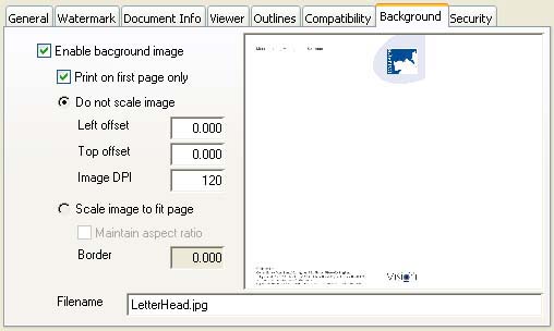 PDF Advanced Options - Background tab pane
