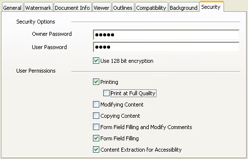 PDF Advanced Options - Security tab pane