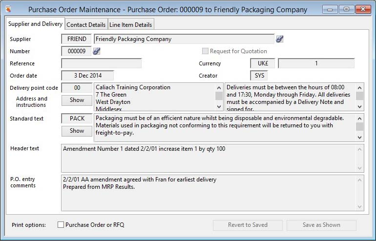 Purchase Order Maintenance - Supplier and Delivery pane