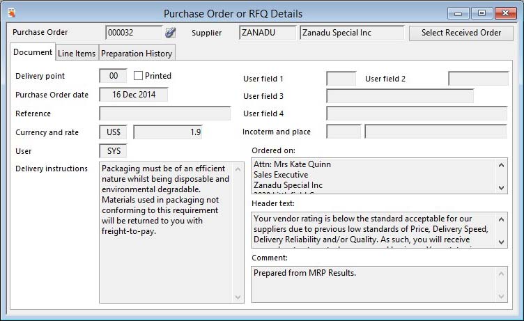 Purchase Order or RFQ Details - Document pane