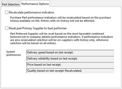 Purchase Part Global Changes - Performance Options pane