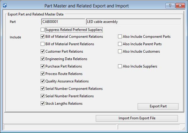 Part Master and Related Export and Import window