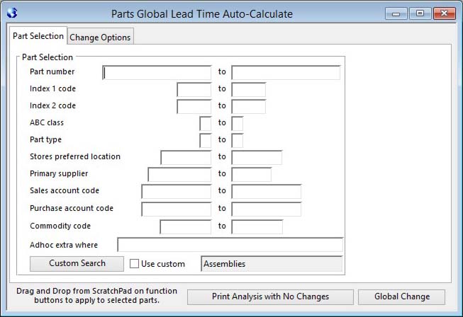 Parts Global Lead Time Auto-Calculate - Part Selection pane