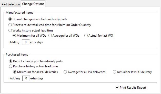 Parts Global Lead Time Auto-Calculate - Change Options pane
