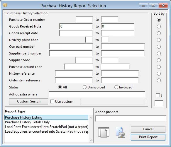 Purchase History Report Selection
