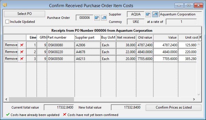 Confirm Received Purchase Order Item Costs