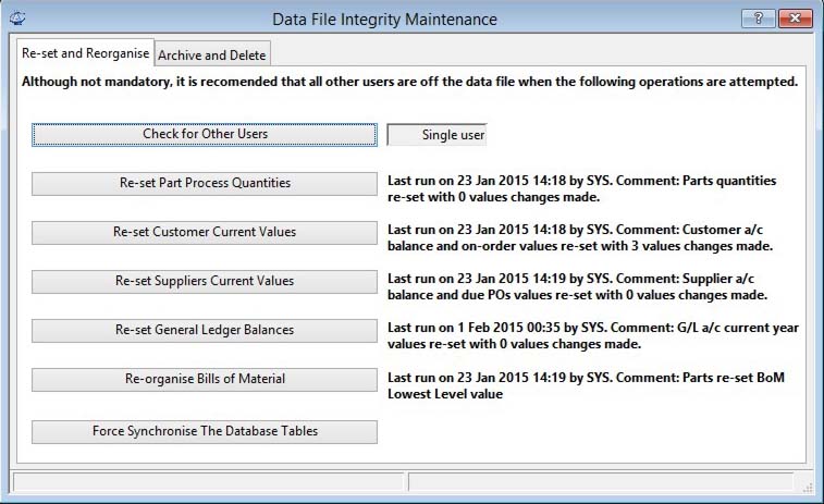 Data File Integrity Maintenance - Re-set and Reorganise pane