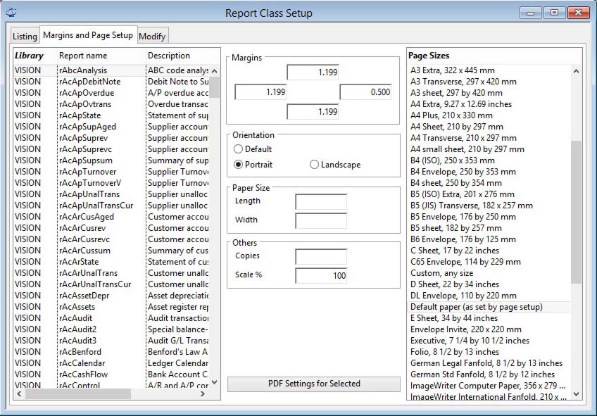 Report Class Setup - Margins and Page Setup pane