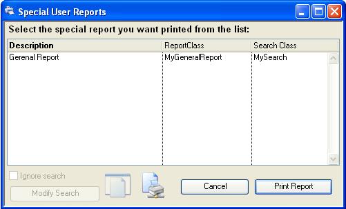 Special User Reports selection window