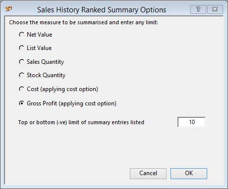 Sales History Ranked Summary Options window