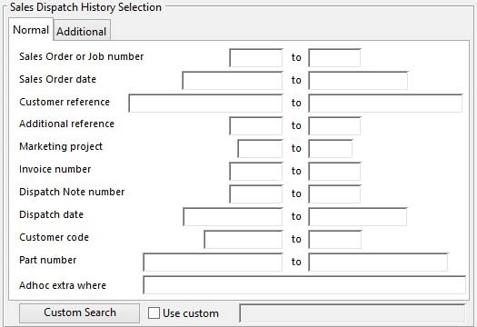 Sales History Selection - Normal tab
