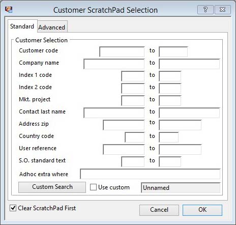 Customers ScratchPad Selection - Standard tab pane.