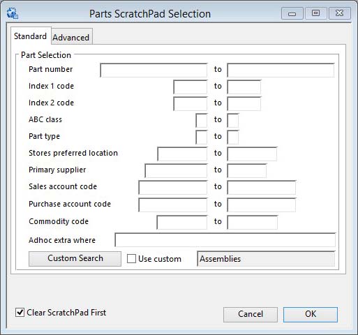 Parts ScratchPad Selection - Standard tab pane