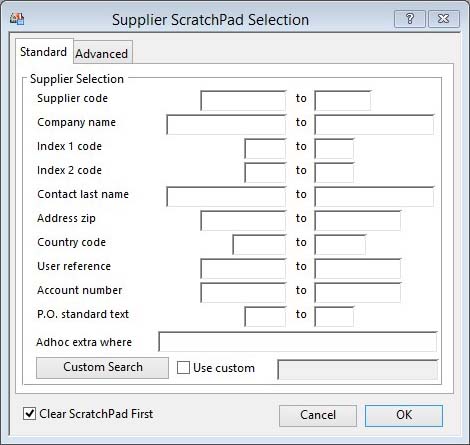 Suppliers ScratchPad Selection - Standard tab pane