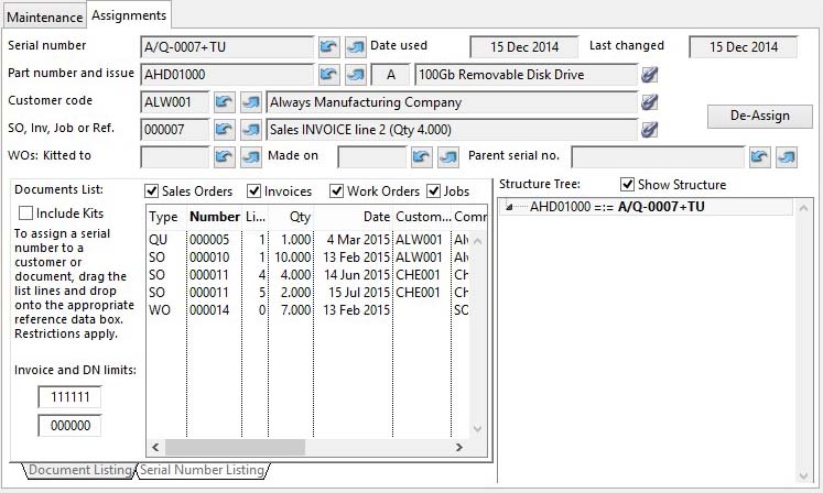 Product Serial Number Maintenance - Assignments pane with Document Listing pane