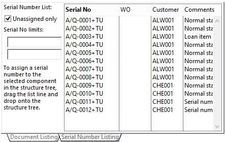 Product Serial Number Maintenance - Assignements pane with Serial Number Listing pane