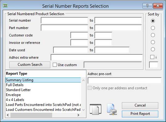 Serial Number Reports Selection
