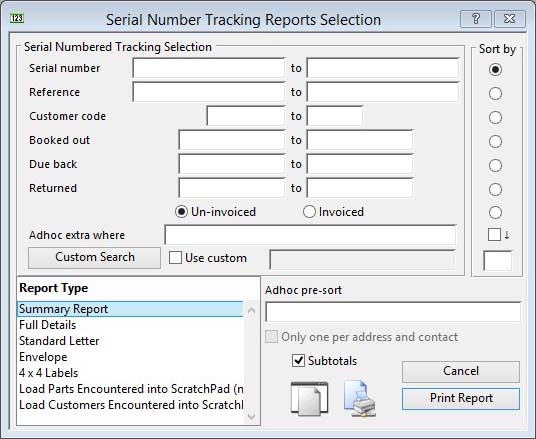 Serial Number Tracking Reports Selection