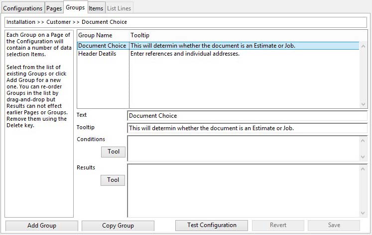 Sales Document Configuration Maintenance - Groups tab