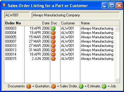 Sales Order Listing for a Part or Customer
