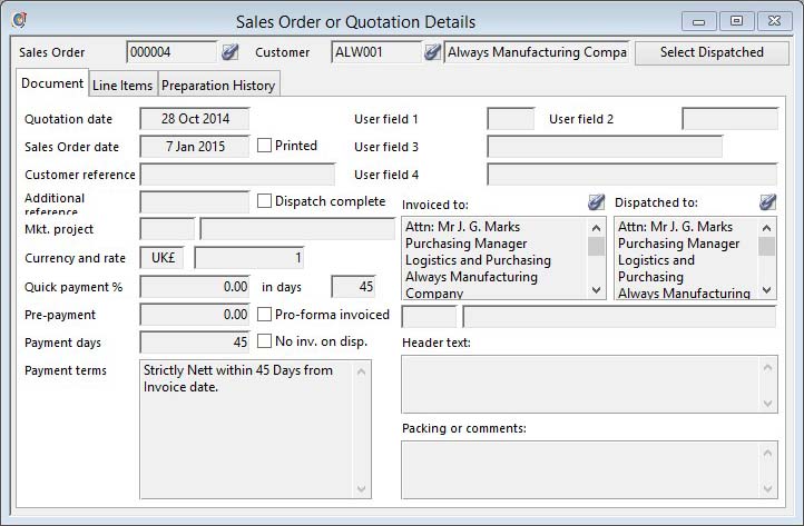 Sales Order or Quotation Details - Document pane