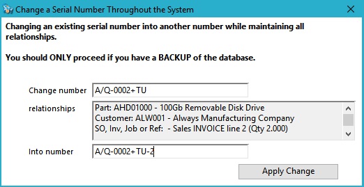 Change a Serial Number Throughout the System window