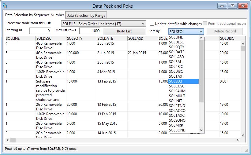 Data Peek and Poke - Data Selection by Sequence tab