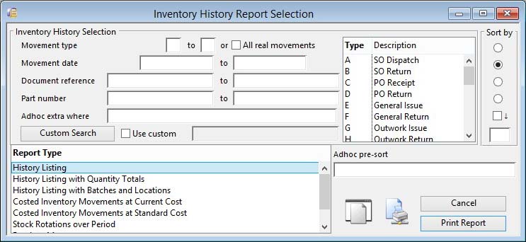 Inventory History Report Selection