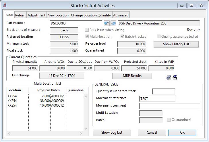 Stock Control Activities -- Issue pane