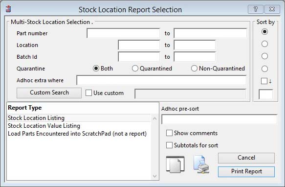 Stock Location Report Selection