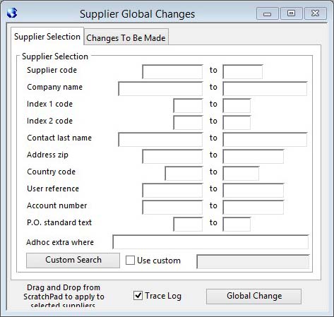 Supplier Global Changes - Supplier Selection pane