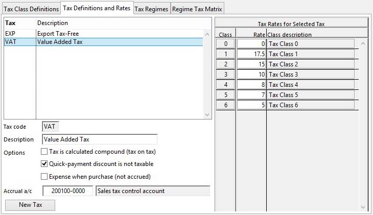 Tax Maintenance - Tax Definitions and Rates Pane