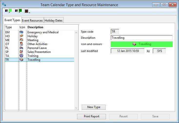 Team Calendar Type and Resource Maintenance Event Type Tab