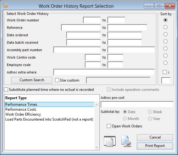 Work Order History Report Selection